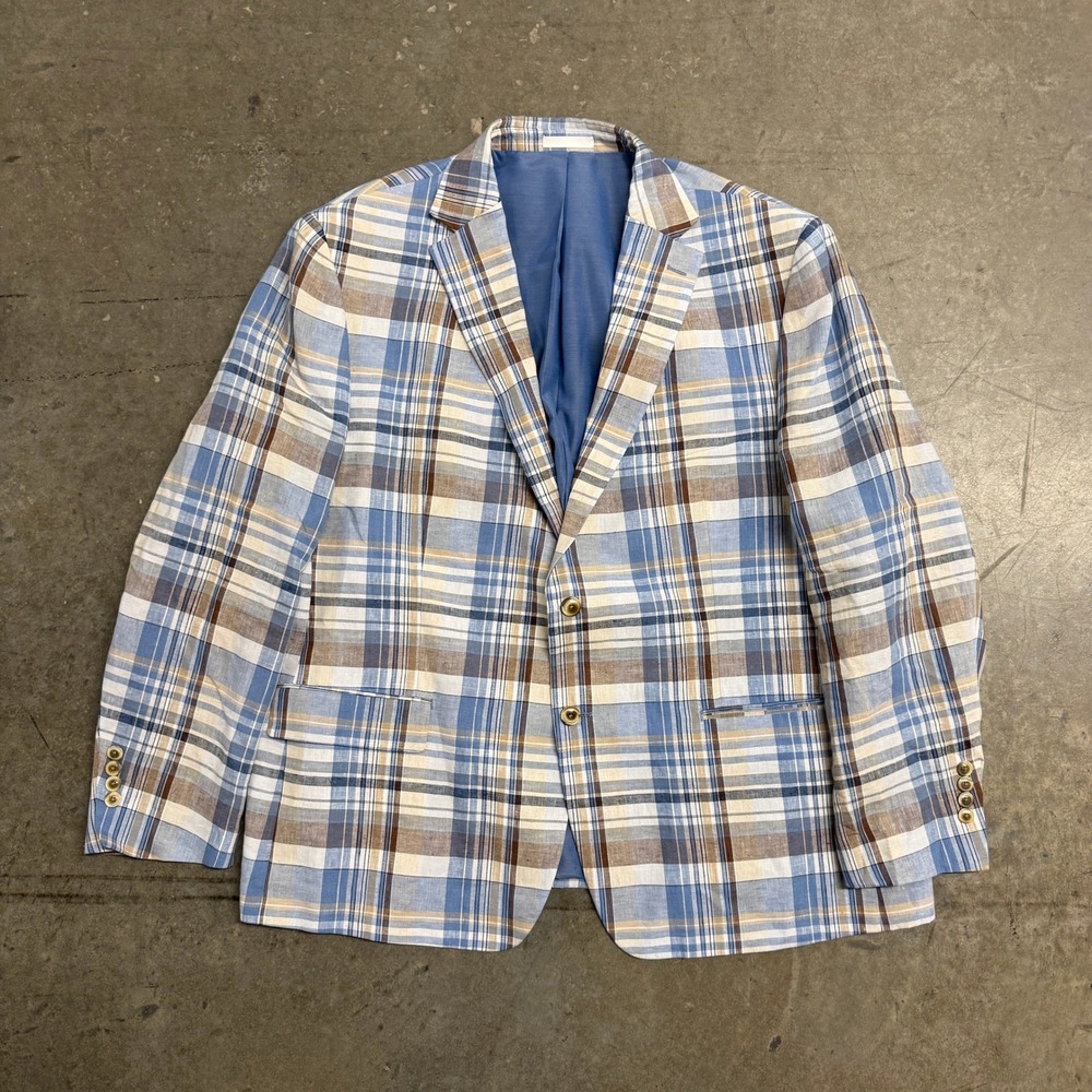 Tallia Mens Blue Brown Plaid Blazer Sport Coat Jacket Two Button Notched Lapel